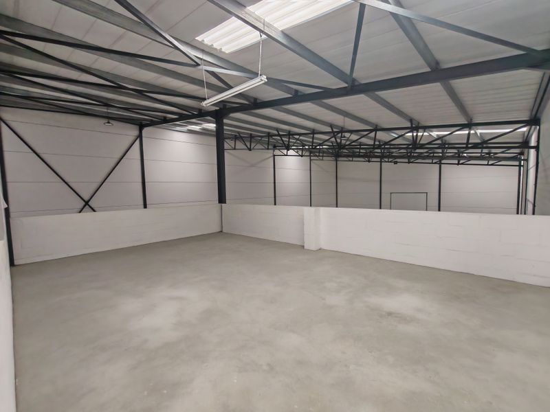 Spacious industrial utility area featuring exposed steel roof trusses, concrete flooring, and bright, clean painted masonry walls with natural light from roof panels.