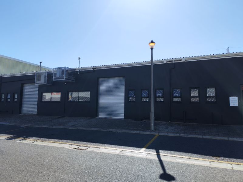 Front elevation of an industrial property featuring dark painted walls, multiple roller shutter doors, and paved access area.