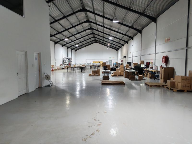 Spacious industrial warehouse unit featuring high ceilings with exposed steel trusses, polished epoxy flooring, and integrated fire safety equipment.