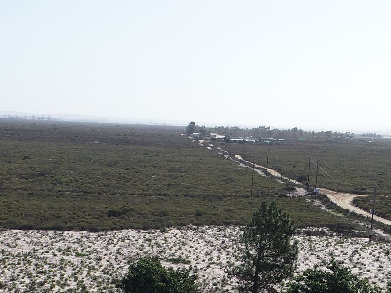 A wide panoramic view of the expansive rural landscape, featuring natural vegetation, sandy terrain, and a dirt access road.