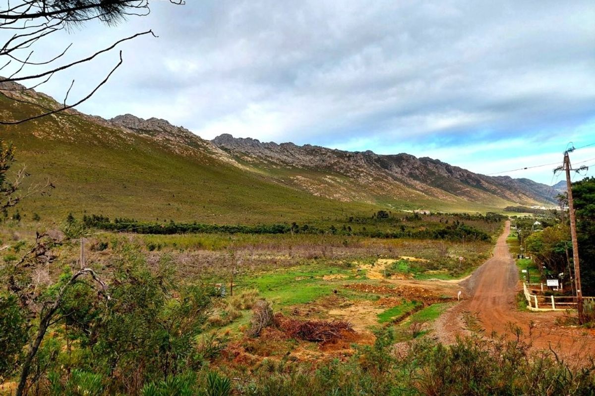 A scenic landscape view featuring a dirt road leading through open land towards a prominent mountain range under a cloudy sky.