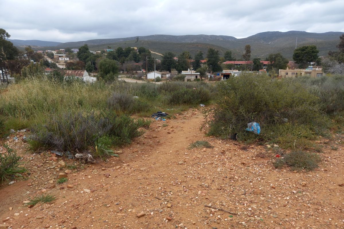 An unimproved residential vacant land plot featuring natural vegetation and a dirt path with surrounding neighborhood views.
