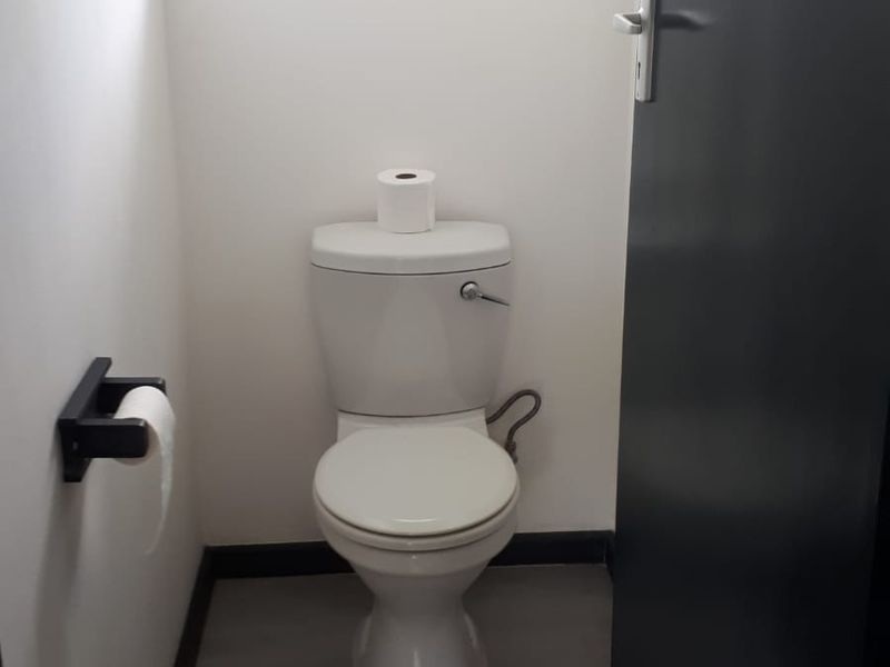 A compact, modern guest bathroom featuring a white toilet, grey floor tiles, and a window for natural light.
