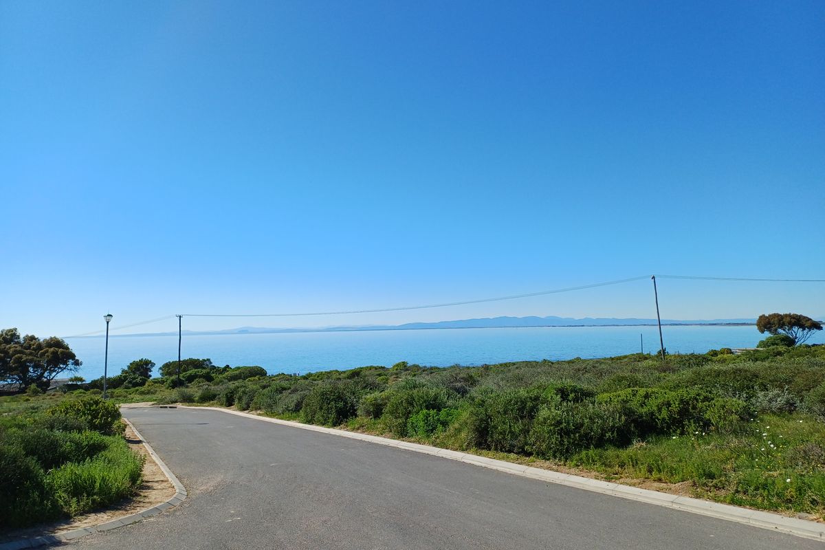 A scenic view of the ocean and distant mountains from a paved residential street with established coastal vegetation and utility infrastructure.