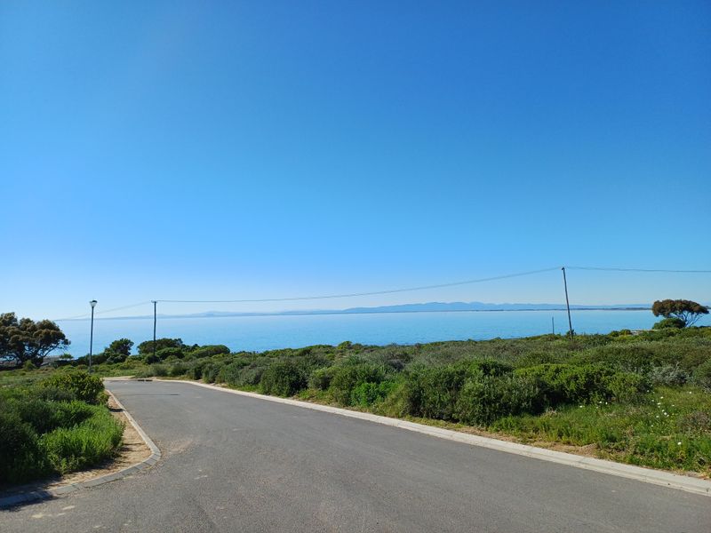 A scenic view of the ocean and distant mountains from a paved residential street with established coastal vegetation and utility infrastructure.