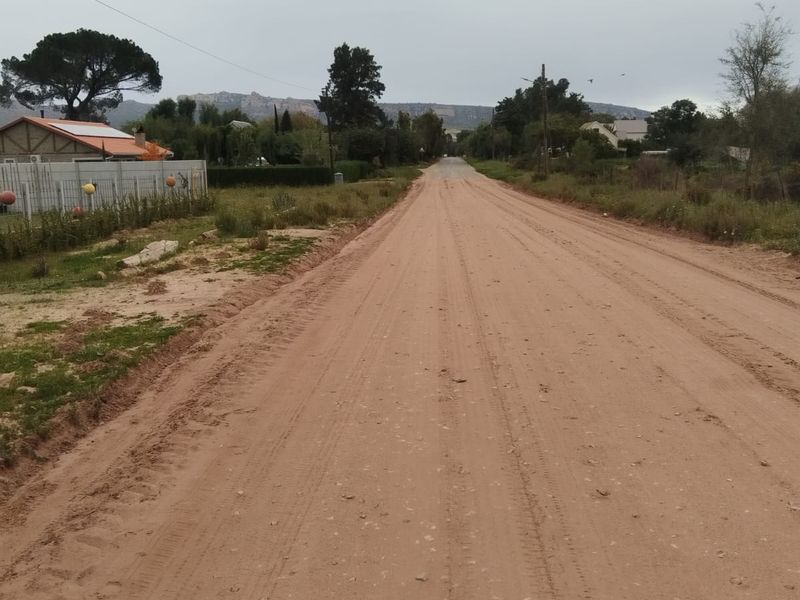 A view of an unpaved residential street with surrounding properties and overhead utility lines.