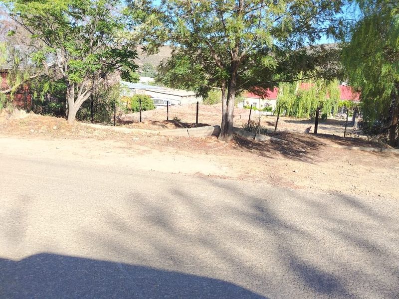 A street-level view of a vacant residential plot featuring mature trees and perimeter wire fencing along an asphalt road.