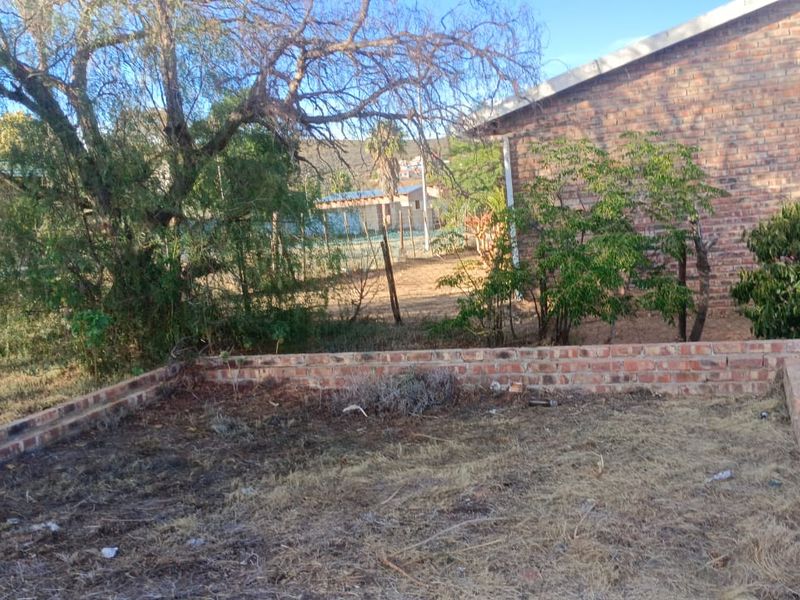 A view of the rear yard featuring a low brick retaining wall, face brick building exterior, and established trees on the residential plot.