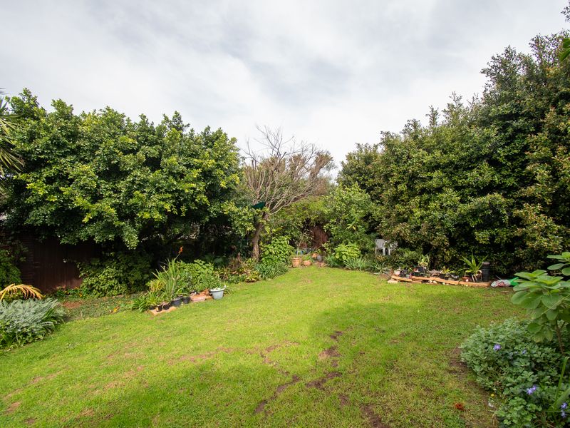 A private, established garden featuring a central lawn area surrounded by mature trees and dense perimeter hedging.