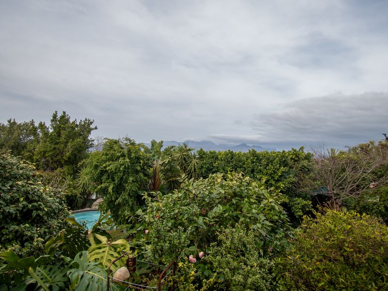 A scenic elevated view overlooking a lush, mature garden with a glimpse of a swimming pool and distant mountain ranges.