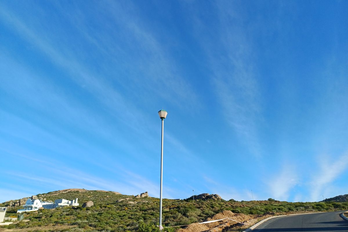 A view of the paved street and surrounding natural landscape with a street light in a residential area.