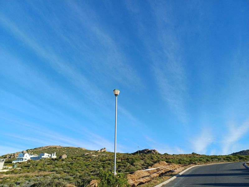 A view of the paved street and surrounding natural landscape with a street light in a residential area.