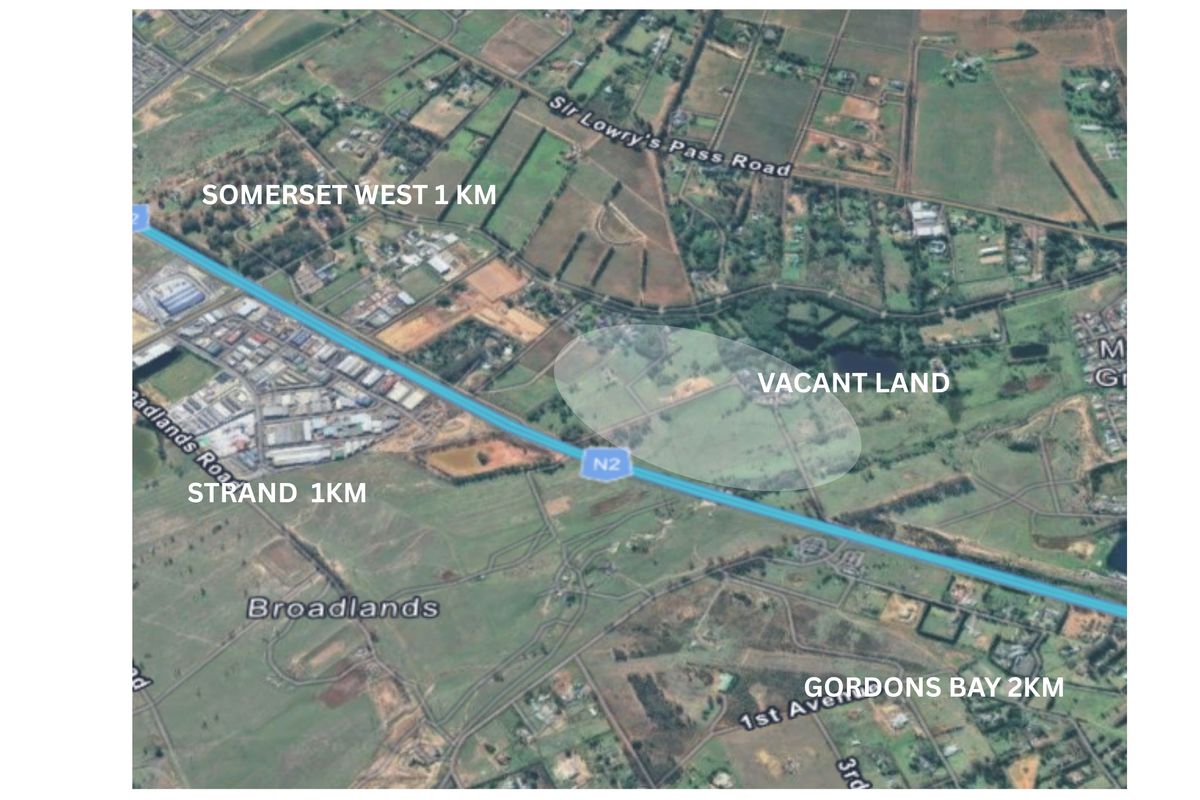Aerial satellite view showing the location of the vacant land parcel relative to major roads and nearby towns.