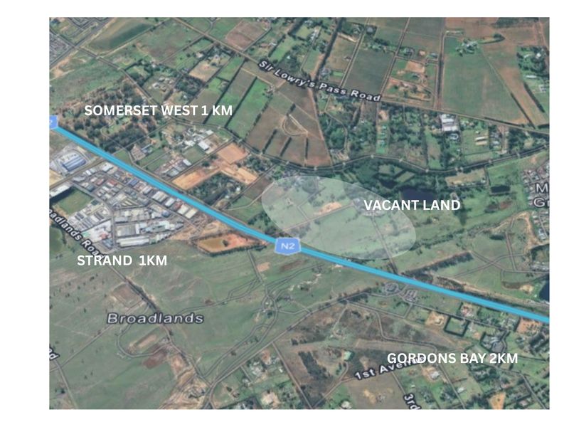 Aerial satellite view showing the location of the vacant land parcel relative to major roads and nearby towns.