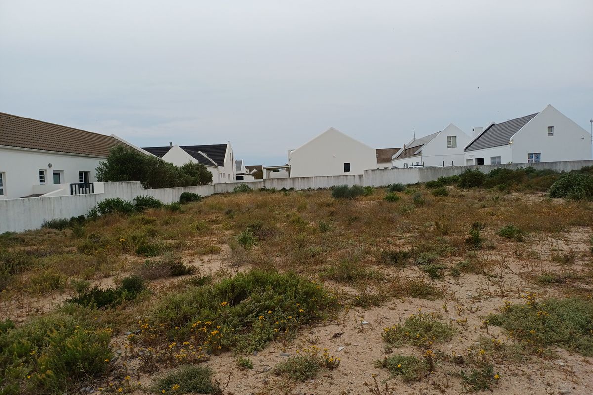 A vacant residential plot featuring sandy terrain and native vegetation, enclosed by a perimeter boundary wall within a developed residential estate.