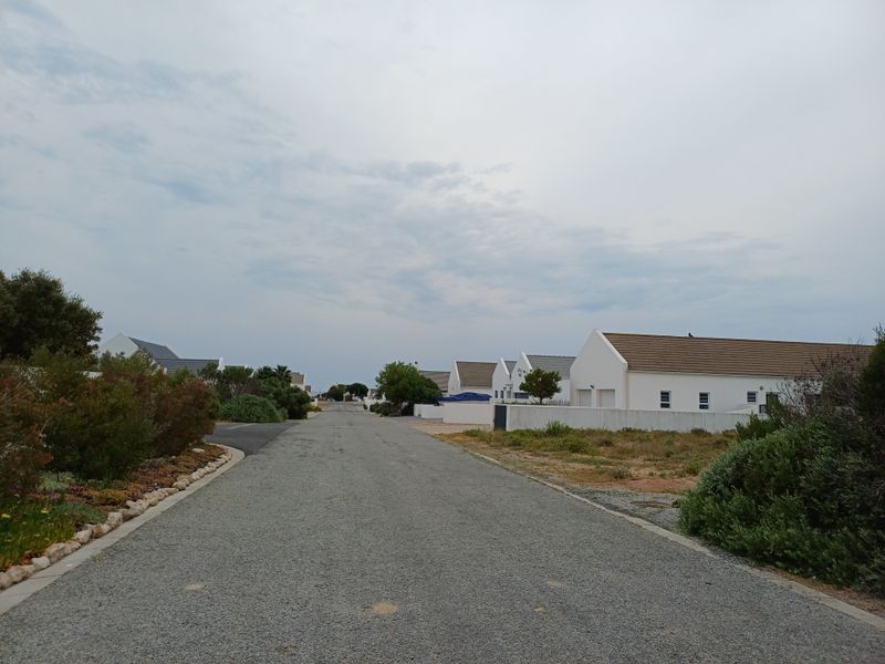 A view of a gravel residential street lined with white houses and boundary walls in a quiet neighborhood setting.