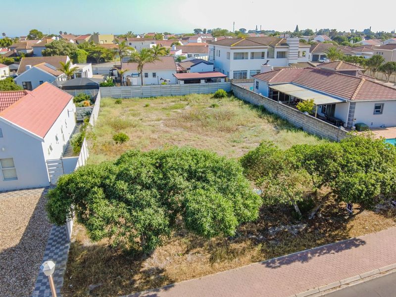An aerial view of a vacant residential plot situated between existing homes, featuring established trees and boundary walls in a developed suburban neighborhood.