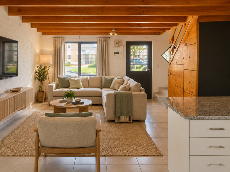 A bright open-plan living area featuring exposed timber ceiling beams, painted brick walls, and a functional kitchen with granite countertops and integrated storage.