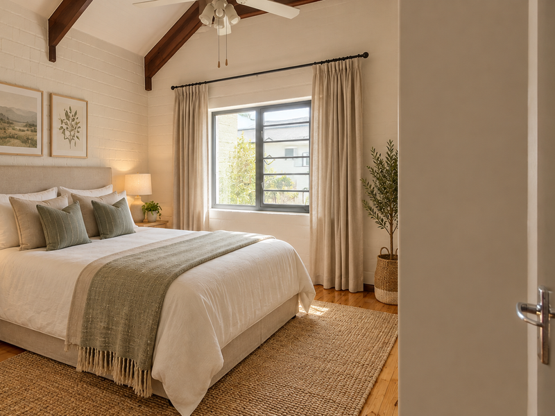 A well-appointed bedroom featuring a vaulted ceiling with exposed timber beams, painted brick walls, and warm timber flooring.