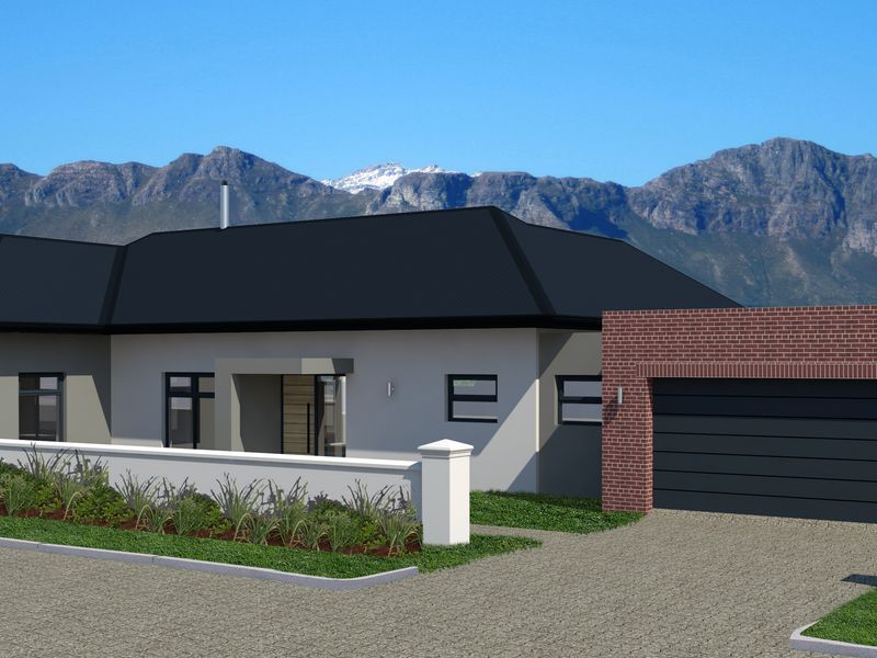 A modern residential exterior featuring a brick garage, paved driveway, and boundary wall, set against a scenic mountain backdrop.