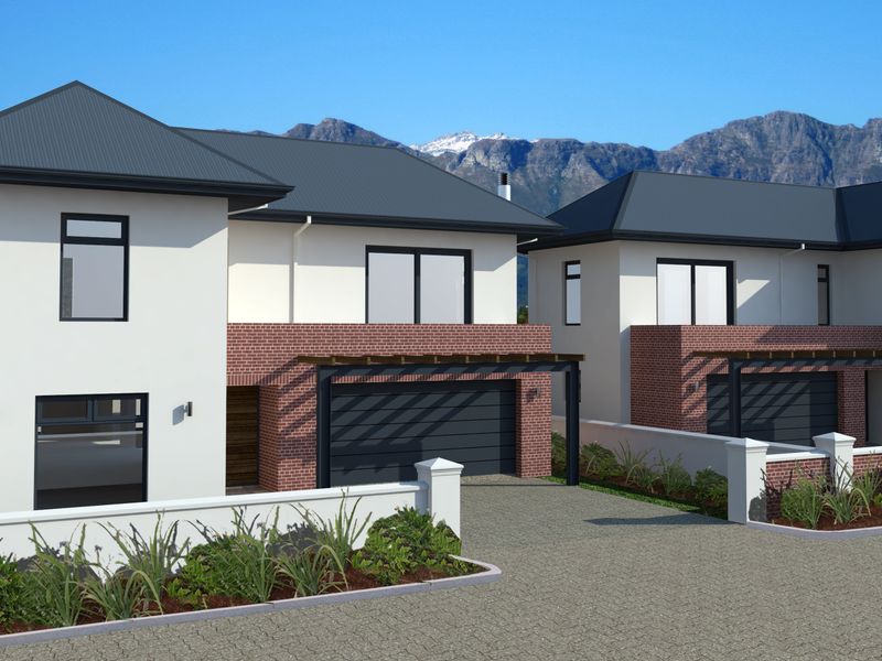 A digital rendering of a modern residential development featuring two-story homes with brick accents, metal roofing, and private paved driveways.