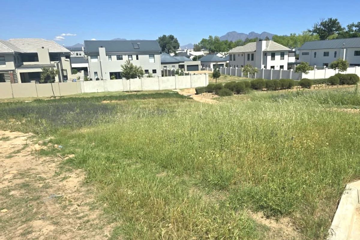 A vacant residential plot featuring natural grass coverage, enclosed by a perimeter wall, situated within a developed suburban estate.