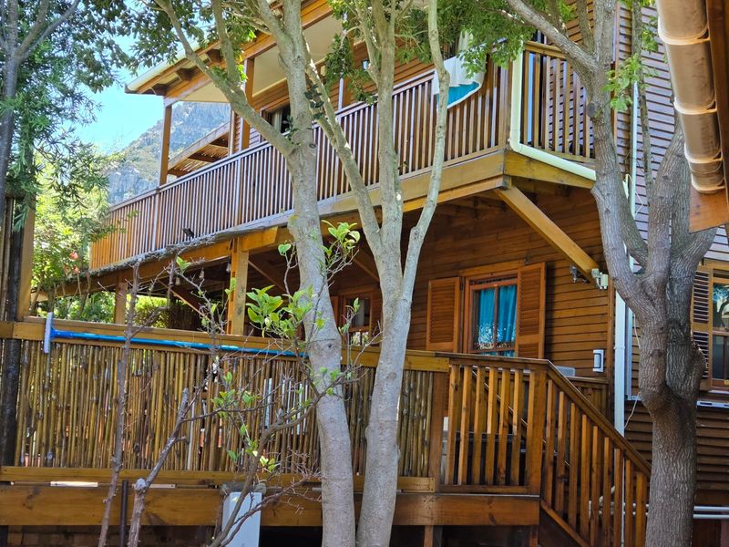 A rear view of a timber-clad house featuring multi-level wooden decking, balustrades, and traditional timber shutters set against a natural landscape.