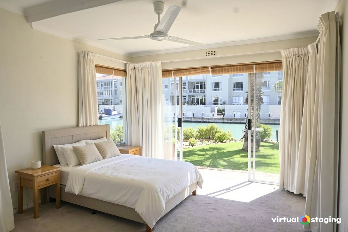 A bright bedroom featuring a ceiling fan and large sliding glass doors that open to a scenic waterfront view.