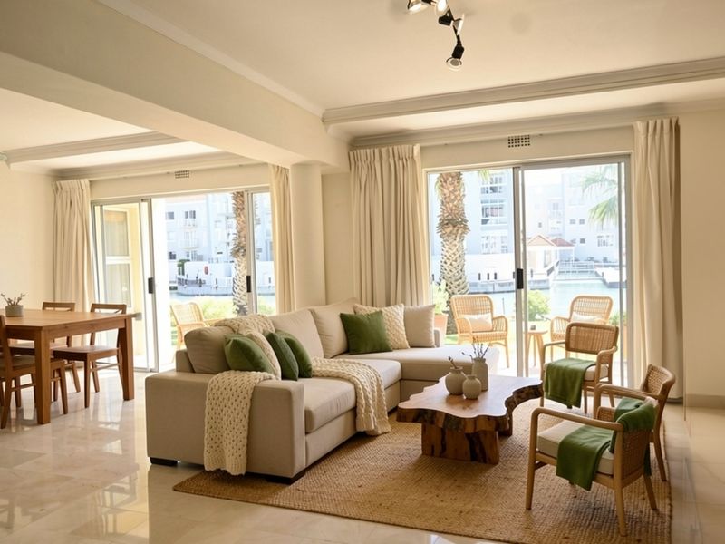 Spacious open-plan living and dining area featuring polished marble flooring, modern recessed lighting, and large sliding glass doors leading to a patio with water views.