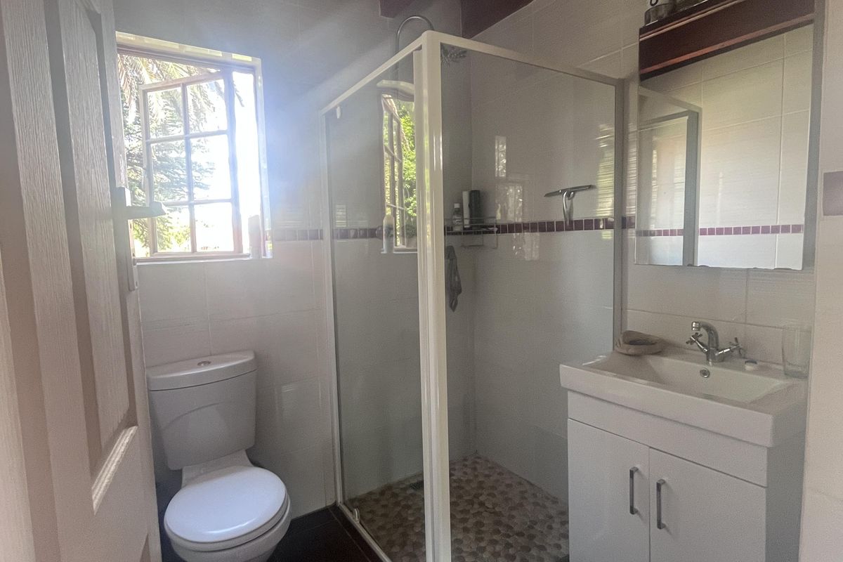 A compact bathroom featuring a shower enclosure, vanity unit with basin, toilet, and distinctive exposed timber ceiling beams.