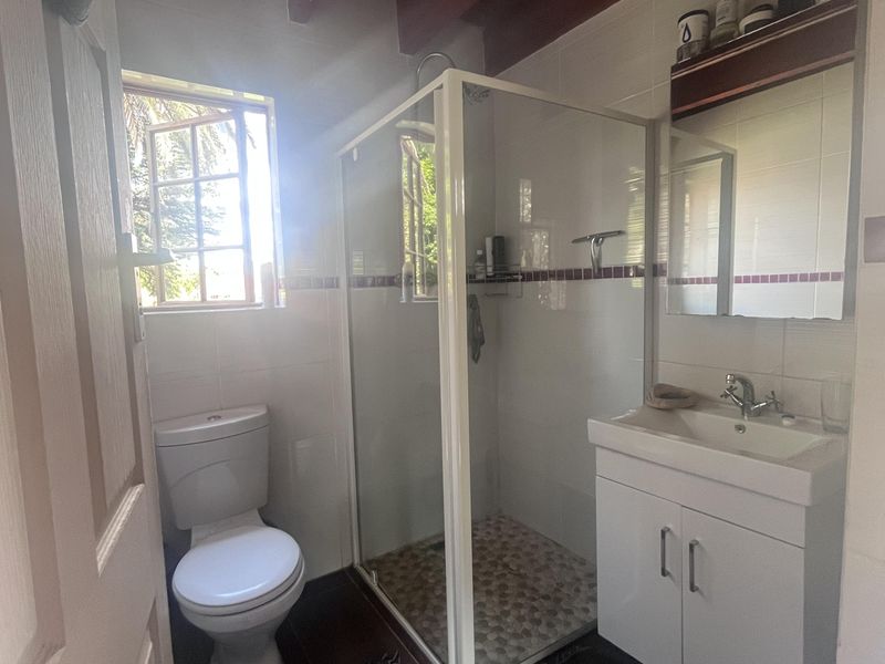A compact bathroom featuring a shower enclosure, vanity unit with basin, toilet, and distinctive exposed timber ceiling beams.