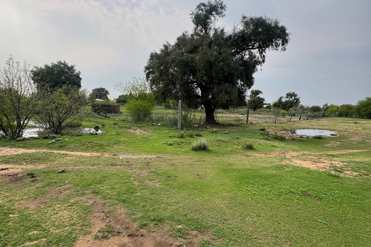 A view of a vacant residential plot featuring open grassy areas, mature trees, and perimeter wire fencing.