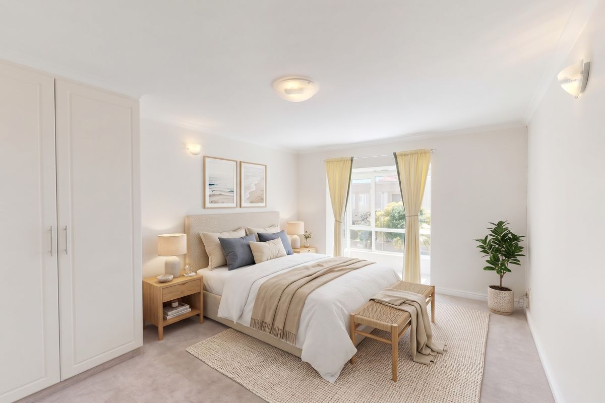 A bright and well-maintained bedroom featuring a built-in wardrobe, neutral carpeting, and a large window allowing for ample natural light.