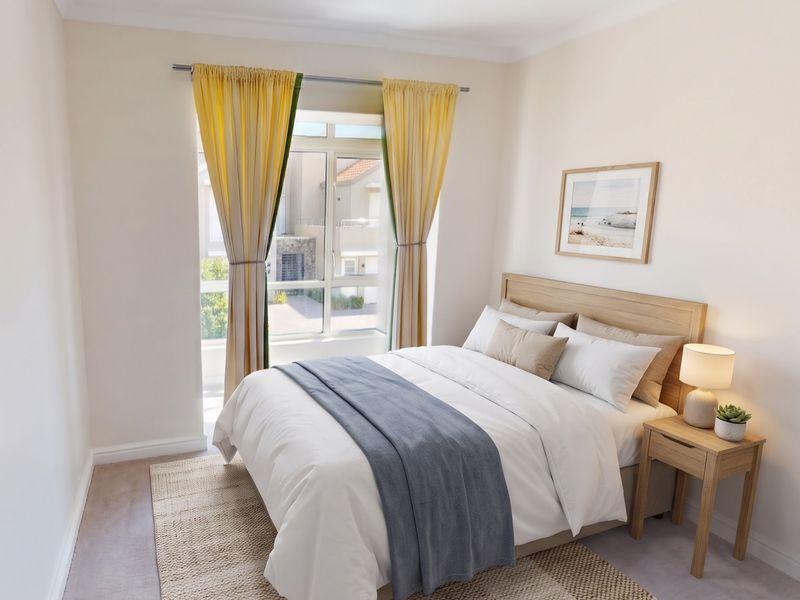 A well-lit bedroom featuring neutral walls, carpeted flooring, and a large window providing natural light.