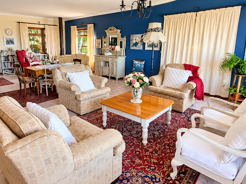 Spacious open-plan living and dining area featuring tiled flooring, classic french doors, and a striking blue accent wall.