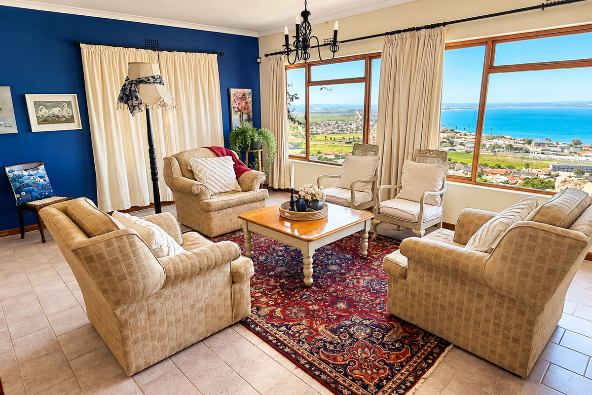 Spacious living room featuring large windows with panoramic coastal views, tiled flooring, and a decorative wrought iron chandelier.