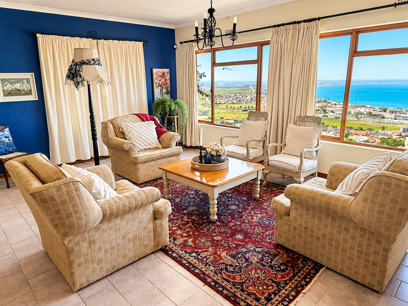 Spacious living room featuring large windows with panoramic coastal views, tiled flooring, and a decorative wrought iron chandelier.