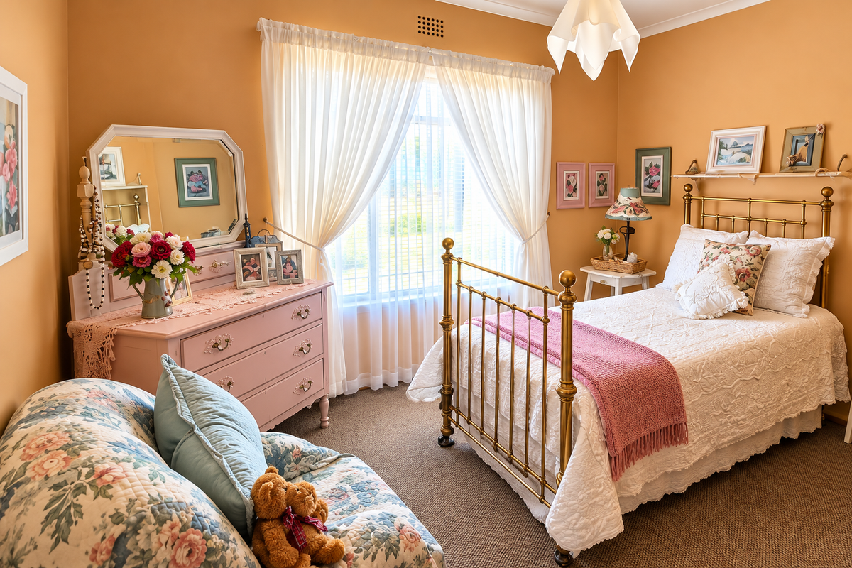 A cozy bedroom featuring carpeted flooring, a large window with sheer curtains, and a ceiling vent, offering a comfortable and traditional living space.