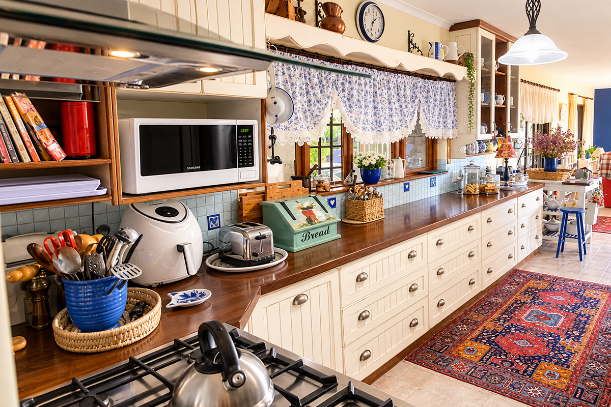 A traditional-style kitchen featuring extensive wooden countertops, cream-colored cabinetry, a gas hob with extractor fan, and a tiled backsplash.