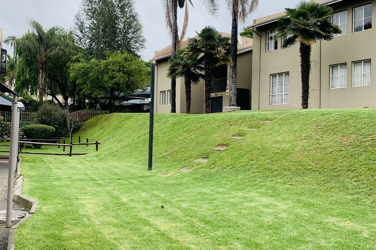 A well-maintained communal garden area featuring a sloped lawn, mature palm trees, and a view of the apartment building exterior.