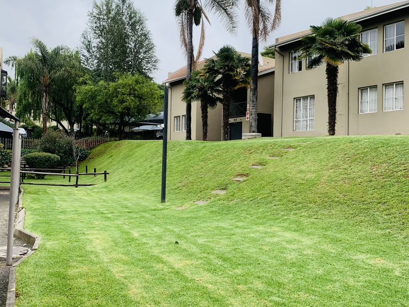 A well-maintained communal garden area featuring a sloped lawn, mature palm trees, and a view of the apartment building exterior.