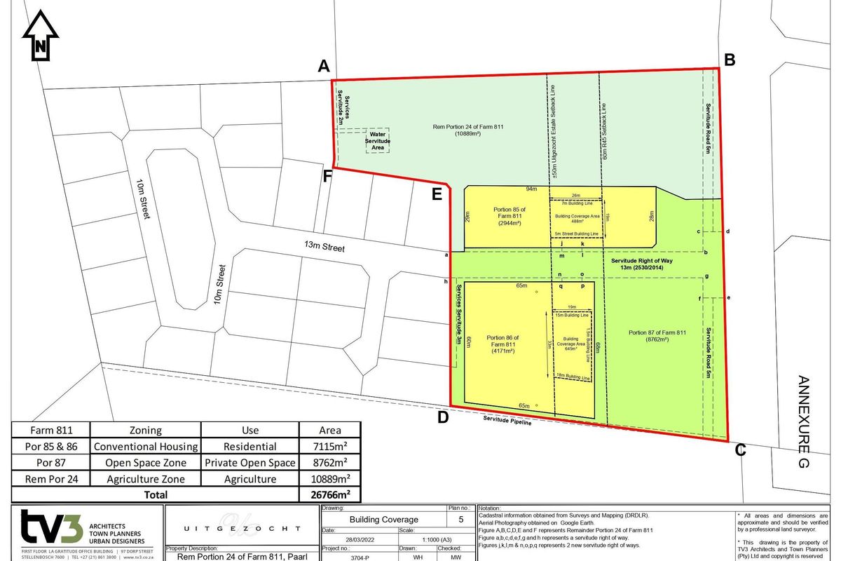 A detailed cadastral site plan showing the subdivision and zoning layout for Remainder Portion 24 of Farm 811, Paarl.