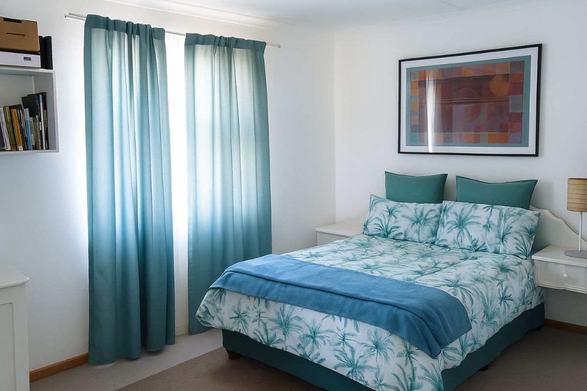 A well-maintained bedroom featuring neutral carpeting, built-in bedside cabinetry, and a window dressed with curtains.