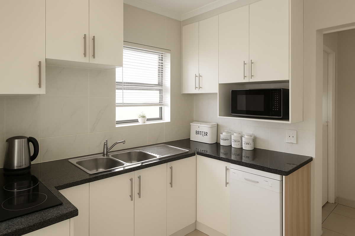 A clean, modern kitchen featuring white cabinetry, dark granite countertops, a stainless steel sink, and integrated appliances including a dishwasher and microwave.