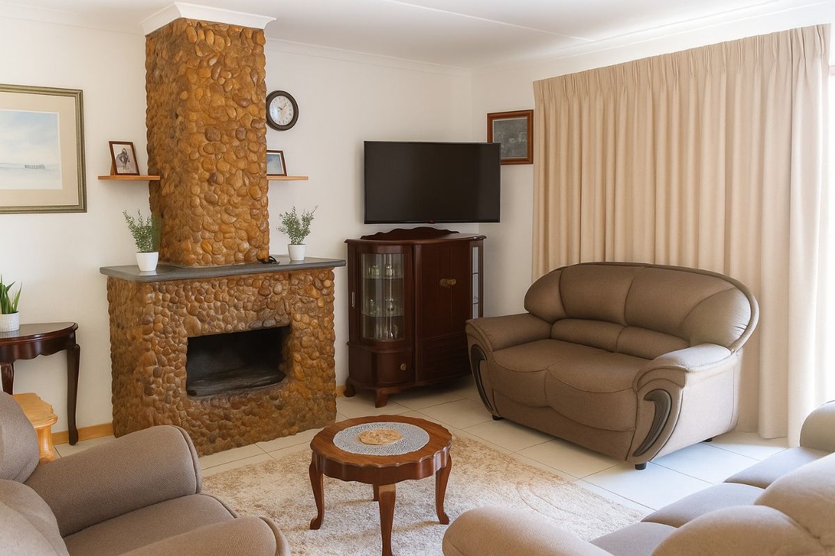 A cozy living room featuring a prominent stone fireplace and neutral tiled flooring, providing a warm and inviting atmosphere.