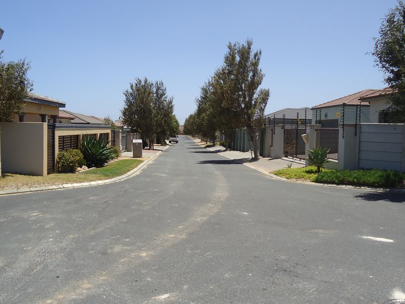 A view of a residential street featuring paved roads, established trees, and secure boundary walls with electric fencing in a suburban neighborhood.