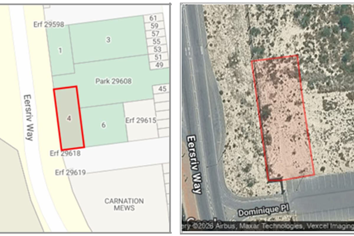 A combined image showing a cadastral map and an aerial view of the vacant residential plot located on Eersriv Way.