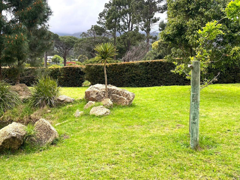 A well-maintained garden area featuring a small pond, natural rock formations, mature trees, and established hedging, offering a peaceful outdoor setting.