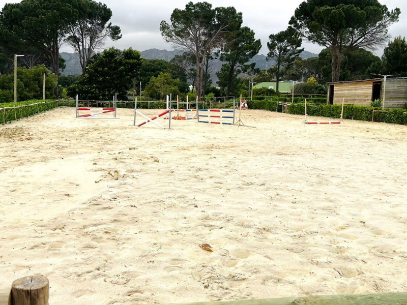 A well-maintained outdoor equestrian sand arena featuring show jumping obstacles, perimeter timber fencing, and an adjacent storage shed set against a scenic landscape.