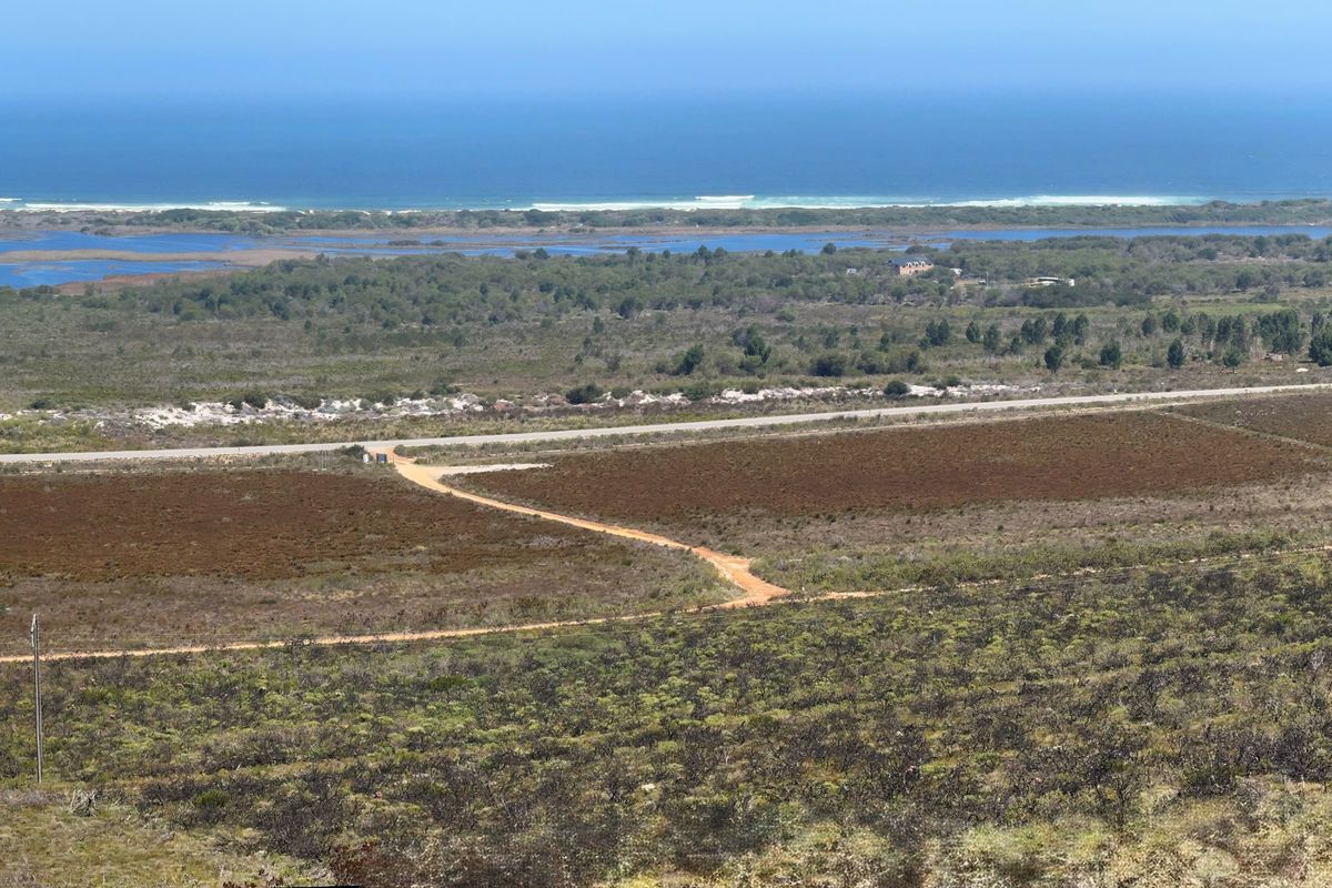 Panoramic elevated view of the farm landscape, surrounding natural vegetation, and distant coastline.